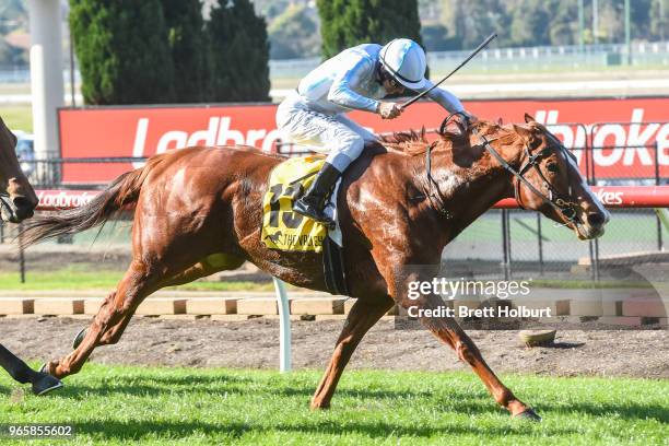 Balancing Act ridden by Luke Currie wins the Dominant MVRC Partnership Handicap at Moonee Valley Racecourse on June 02, 2018 in Moonee Ponds,...
