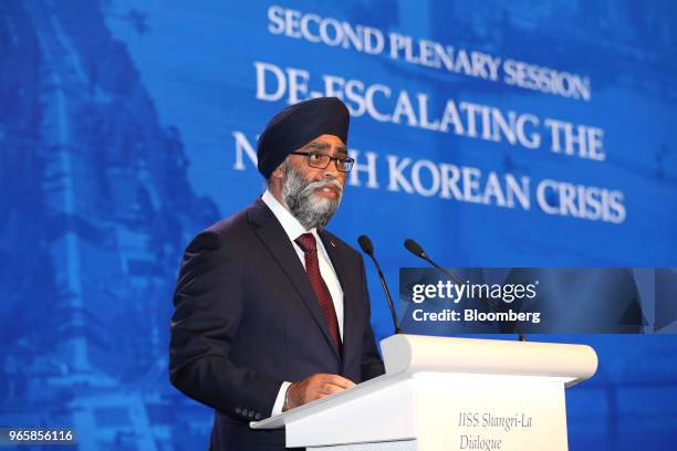 Harjit Sajjan, Canada's defense minister, speaks at the IISS Shangri-La Dialogue Asia Security Summit in Singapore, on Saturday, June 2, 2018....