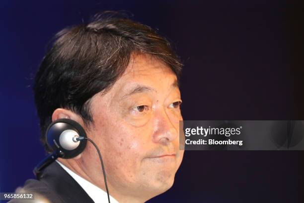 Itsunori Onodera, Japan's defense minister, listens during the IISS Shangri-La Dialogue Asia Security Summit in Singapore, on Saturday, June 2, 2018....
