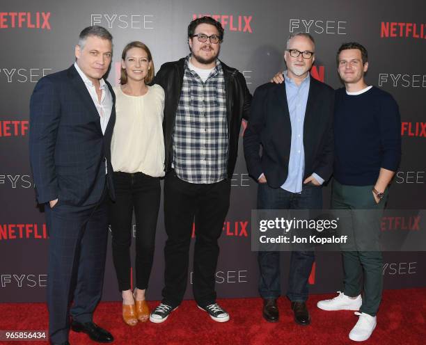 Holt McCallany, Anna Torv, Cameron Britton, David Fincher and Jonathan Groff attend Netflix's "Mindhunter" FYC Event at Netflix FYSEE At Raleigh...