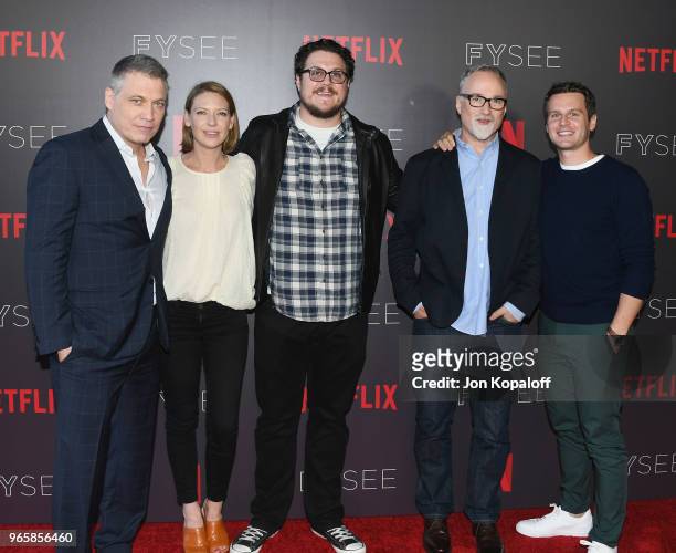 Holt McCallany, Anna Torv, Cameron Britton, David Fincher and Jonathan Groff attend Netflix's "Mindhunter" FYC Event at Netflix FYSEE At Raleigh...