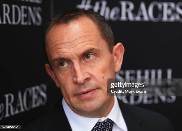 Trainer Chris Waller talks to the media after winning race 5 with Dagny during Sydney Racing at Rosehill Gardens on June 2, 2018 in Sydney, Australia.
