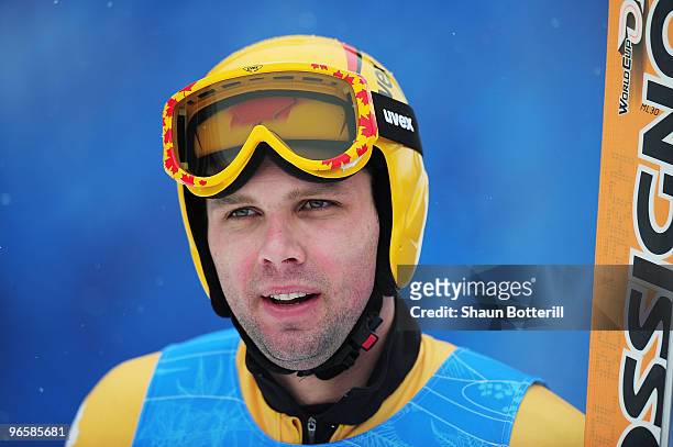 Manuel Osborne-Paradis of Canada competes in the men's alpine skiing downhill practice held at Whistler Creekside ahead of the Vancouver 2010 Winter...