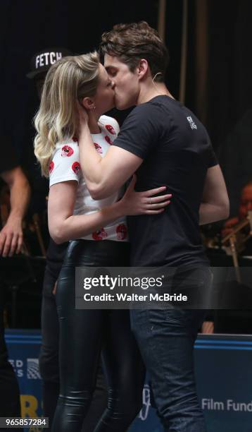 Taylor Louderman and Kyle Selig performing at the United Airlines Presents: #StarsInTheAlley Produced By The Broadway League on June 1, 2018 in New...