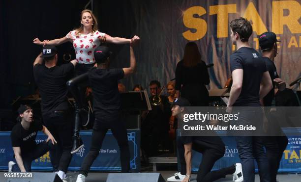 Kyle Selig and Taylor Louderman with the ÔMean GirlsÕ cast performing at the United Airlines Presents: #StarsInTheAlley Produced By The Broadway...
