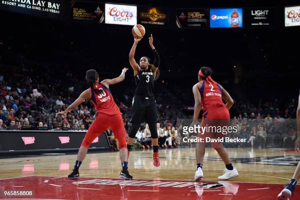 Kelsey Bone of the Las Vegas Aces shoots the ball against the Washington Mystics on June 1, 2018 at the Mandalay Bay Events Center in Las Vegas,...