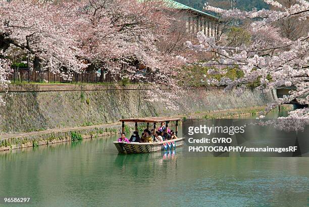 cherry blossom hanging over a boat on the canal on lake biwa,  otsu,  shiga prefecture,  honshu,  ja - préfecture de shiga photos et images de collection