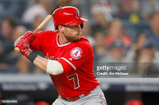Zack Cozart of the Los Angeles Angels of Anaheim in action against the New York Yankees at Yankee Stadium on May 25, 2018 in the Bronx borough of New...