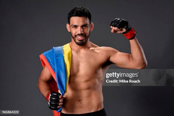 Julio Arce poses for a post fight portrait backstage during the UFC Fight Night event at the Adirondack Bank Center on June 1, 2018 in Utica, New...