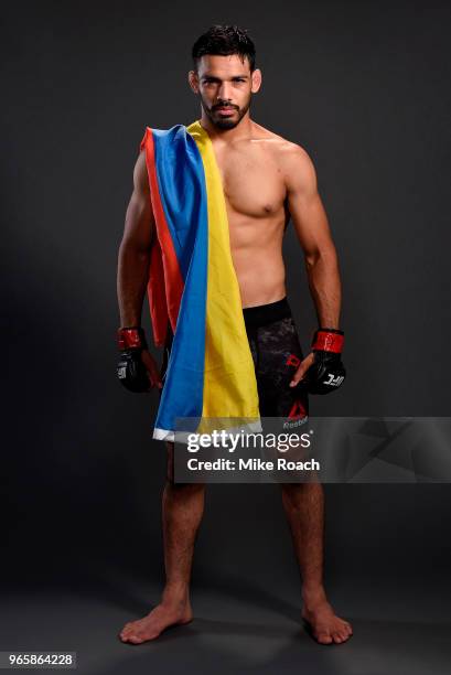 Julio Arce poses for a post fight portrait backstage during the UFC Fight Night event at the Adirondack Bank Center on June 1, 2018 in Utica, New...