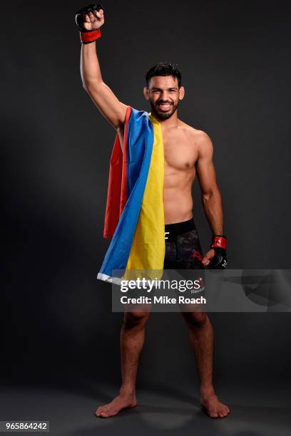 Julio Arce poses for a post fight portrait backstage during the UFC Fight Night event at the Adirondack Bank Center on June 1, 2018 in Utica, New...