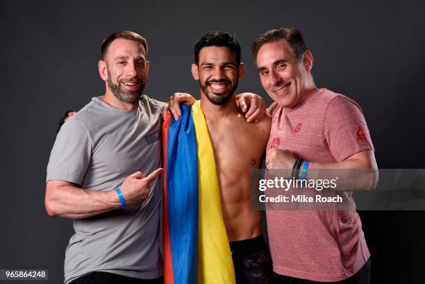 Julio Arce poses for a post fight portrait backstage during the UFC Fight Night event at the Adirondack Bank Center on June 1, 2018 in Utica, New...