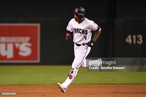 Ketel Marte of the Arizona Diamondbacks celebrates a solo home run in the fifth inning of the MLB game against the Miami Marlins at Chase Field on...