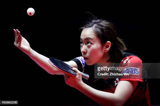 Ishikawa Kasumi of Japan in action at the women's singles quarter-final compete with Ito Mima of Japan during the 2018 ITTF World Tour China Open on...