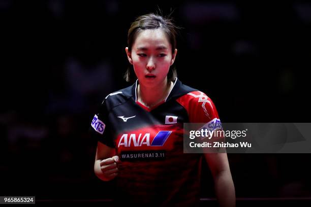 Ishikawa Kasumi of Japan in action at the women's singles quarter-final compete with Ito Mima of Japan during the 2018 ITTF World Tour China Open on...