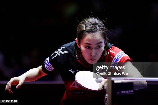 Ishikawa Kasumi of Japan in action at the women's singles quarter-final compete with Ito Mima of Japan during the 2018 ITTF World Tour China Open on...