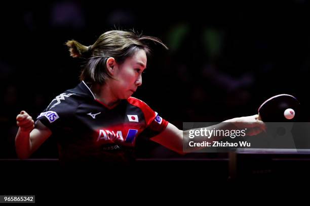 Ishikawa Kasumi of Japan in action at the women's singles quarter-final compete with Ito Mima of Japan during the 2018 ITTF World Tour China Open on...