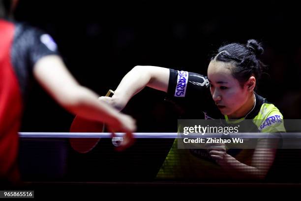 Ito Mima of Japan in action at the women's singles quarter-final compete with Ishikawa Kasumi of Japan during the 2018 ITTF World Tour China Open on...