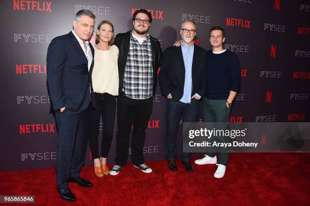 Holt McCallany, Anna Torv, Cameron Britton, David Fincher and Jonathan Groff attend Netflix's 'Mindhunter' FYC Event at Netflix FYSEE at Raleigh...