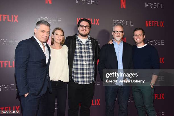 Holt McCallany, Anna Torv, Cameron Britton, David Fincher and Jonathan Groff attend Netflix's 'Mindhunter' FYC Event at Netflix FYSEE at Raleigh...