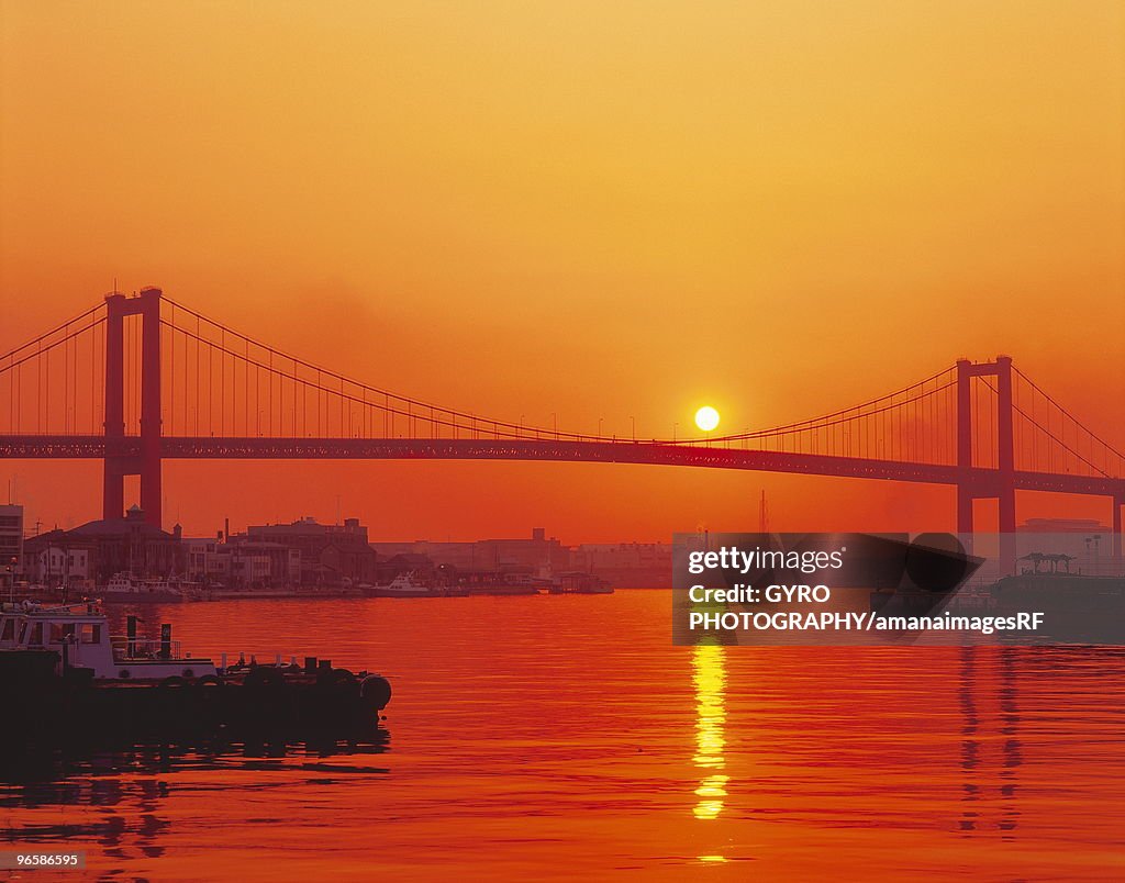 Wakato Bridge and the morning sun,  Kitakyushu,  Japan