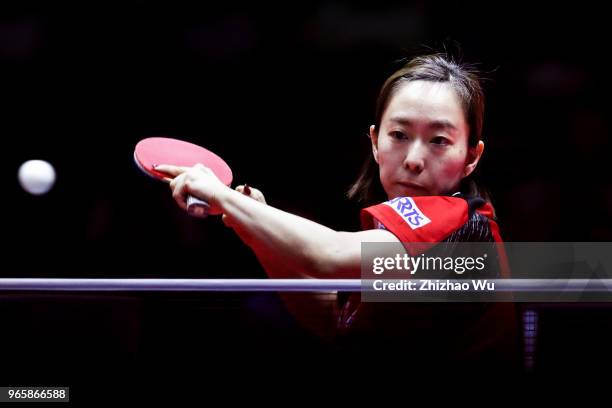 Ishikawa Kasumi of Japan in action at the women's singles quarter-final compete with Ito Mima of Japan during the 2018 ITTF World Tour China Open on...