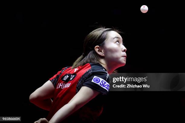 Ishikawa Kasumi of Japan in action at the women's singles quarter-final compete with Ito Mima of Japan during the 2018 ITTF World Tour China Open on...