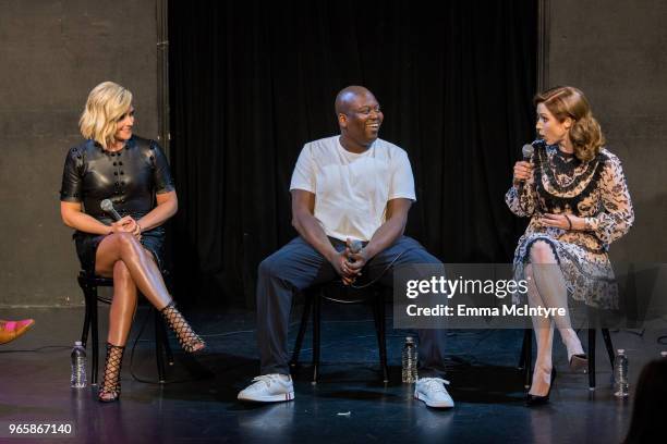 Jane Krawkowski, Tituss Burgess, and Ellie Kemper speak onstage at Universal Television's FYC @ UCB "Unbreakable Kimmy Schmidt" at UCB Sunset Theater...