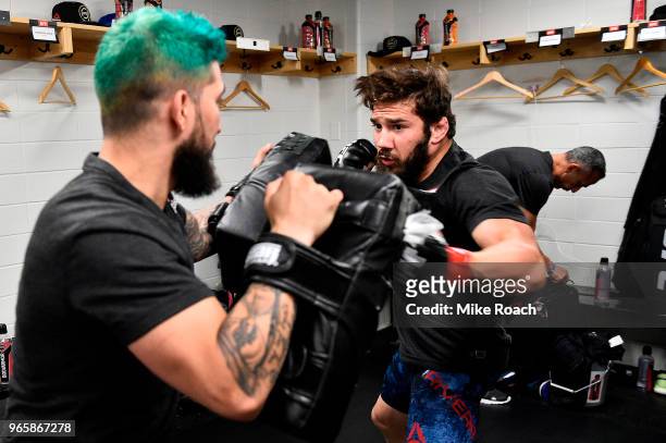 Jimmie Rivera warms up backstage during the UFC Fight Night event at the Adirondack Bank Center on June 1, 2018 in Utica, New York.