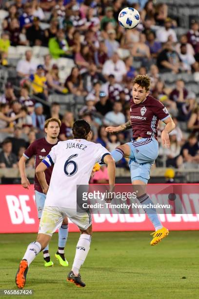 Zac MacMath of Colorado Rapids heads the ball against the Vancouver Whitecaps at Dick's Sporting Goods Park on June 1, 2018 in Commerce City,...