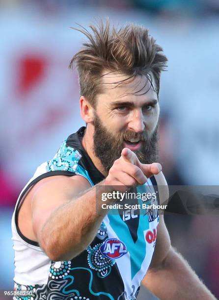 Justin Westhoff of the Power celebrates after kicking a goal during the round 11 AFL match between the Hawthorn Hawks and the Port Adelaide Power at...