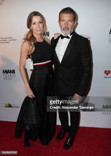 Nicole Kimpel and Antonio Banderas are seen at the Miami Fashion Week 2018 Benefit Gala on June 1, 2018 in Miami, Florida.