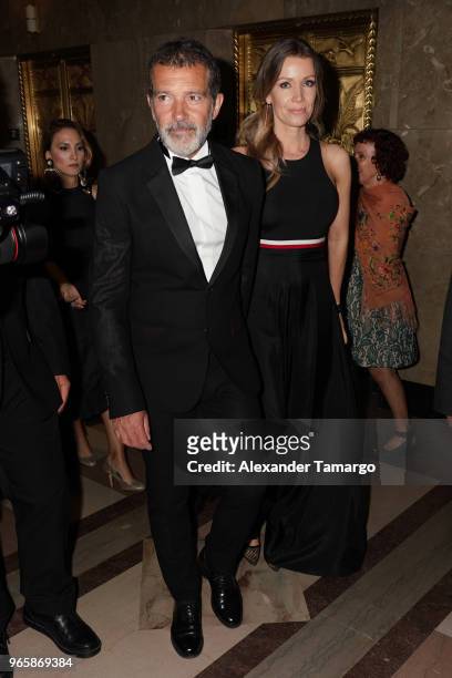 Antonio Banderas and Nicole Kimpel are seen at the Miami Fashion Week 2018 Benefit Gala on June 1, 2018 in Miami, Florida.