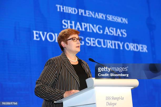 Marise Payne, Australia's defense minister, speaks during the IISS Shangri-La Dialogue Asia Security Summit in Singapore, on Saturday, June 2, 2018....