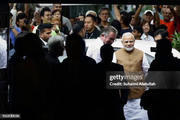 Indian Prime Minister Narendra Modi arrives at the orchid naming ceremony at the National Orchid Gardens on June 2, 2018 in Singapore. Narendra Modi...