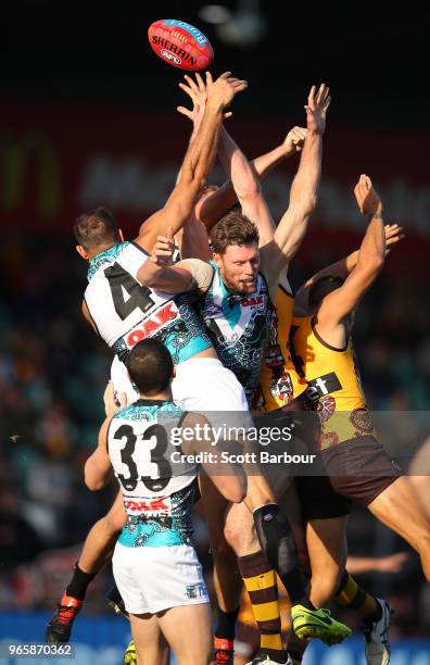 Paddy Ryder of the Power competes for the ball during the round 11 AFL match between the Hawthorn Hawks and the Port Adelaide Power at University of...