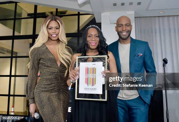 Laverne Cox, honoree Cece Suazo, and Karamo Brown celebrate at Beverly Center and The Advocates Champions of PRIDE Event on June 1, 2018 in Los...