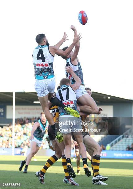 Paddy Ryder of the Power marks the ball during the round 11 AFL match between the Hawthorn Hawks and the Port Adelaide Power at University of...