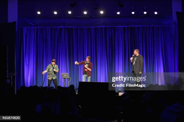 Henry Zebrowski, Marcus Parks and Ben Kissel of the 'Last Podcast on the Left' performs onstage in the Larkin Comedy Club during Clusterfest at Civic...