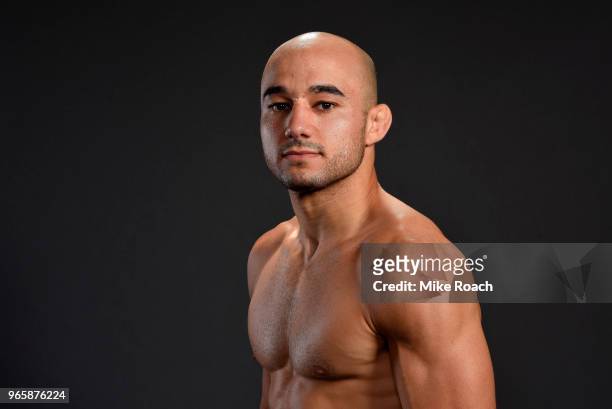 Marlon Moraes of Brazil poses for a post fight portrait during the UFC Fight Night event at the Adirondack Bank Center on June 1, 2018 in Utica, New...