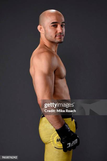 Marlon Moraes of Brazil poses for a post fight portrait during the UFC Fight Night event at the Adirondack Bank Center on June 1, 2018 in Utica, New...