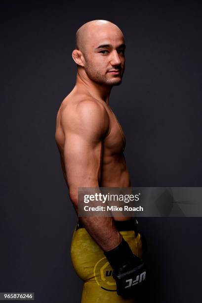 Marlon Moraes of Brazil poses for a post fight portrait during the UFC Fight Night event at the Adirondack Bank Center on June 1, 2018 in Utica, New...