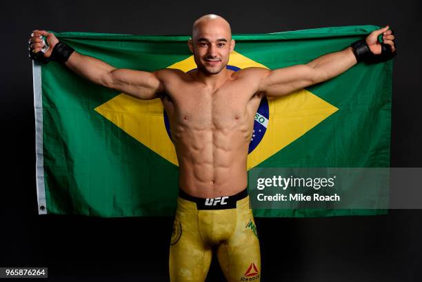 Marlon Moraes of Brazil poses for a post fight portrait during the UFC Fight Night event at the Adirondack Bank Center on June 1, 2018 in Utica, New...