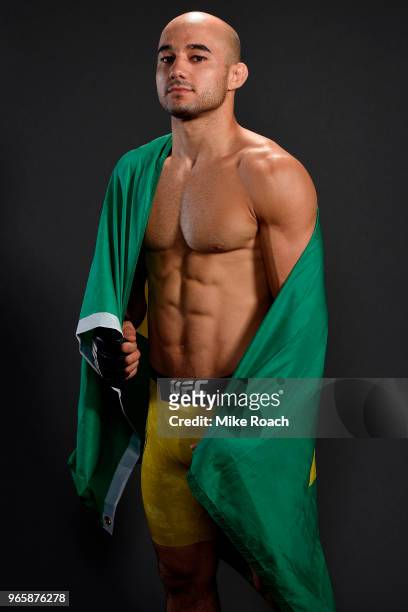 Marlon Moraes of Brazil poses for a post fight portrait during the UFC Fight Night event at the Adirondack Bank Center on June 1, 2018 in Utica, New...