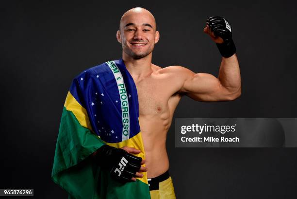 Marlon Moraes of Brazil poses for a post fight portrait during the UFC Fight Night event at the Adirondack Bank Center on June 1, 2018 in Utica, New...