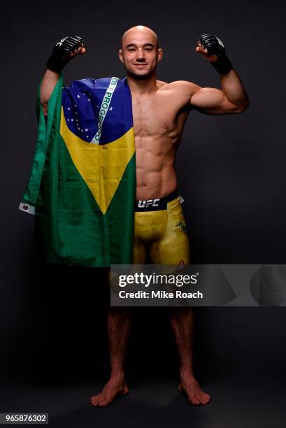 Marlon Moraes of Brazil poses for a post fight portrait during the UFC Fight Night event at the Adirondack Bank Center on June 1, 2018 in Utica, New...