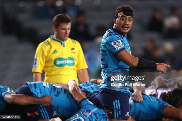 Augustine Pulu of the Blues during the round 16 Super Rugby match between the Blues and the Rebels at Eden Park on June 2, 2018 in Auckland, New...