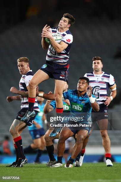 Jack Maddocks of the Rebels collects the high ball during the round 16 Super Rugby match between the Blues and the Rebels at Eden Park on June 2,...