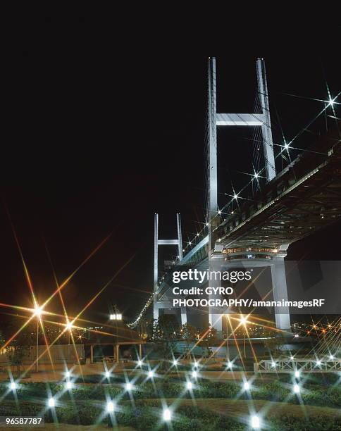 yokohama bay bridge illuminated at night,  yokohama,  kanagawa prefecture,  japan - yokohama bay bridge stock pictures, royalty-free photos & images