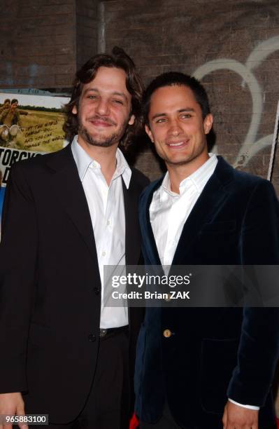 Rodrigo de la Serna and Gael Garcia Bernal arrive to "The Motorcycle Diaries" Premiere held at Loews 19th Street Theatre, New York City.